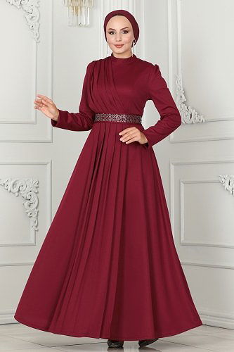 moda selvim Kemeri Taş İşlemeli Abiye Elbise 259DVL817 Bordo - Thumbnail