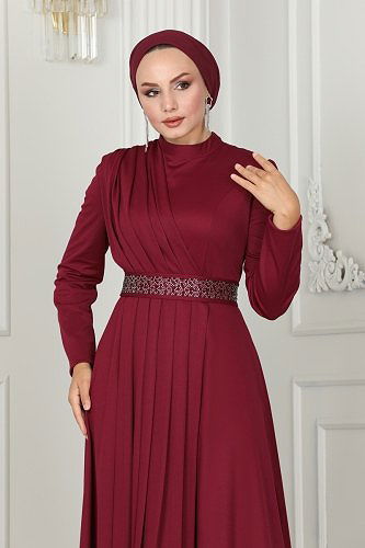 moda selvim Kemeri Taş İşlemeli Abiye Elbise 259DVL817 Bordo - Thumbnail