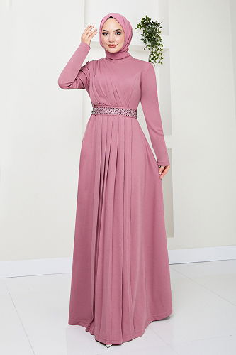 moda selvim Kemeri Taş İşlemeli Elbise 278DVL897-M Gül Kurusu - Thumbnail