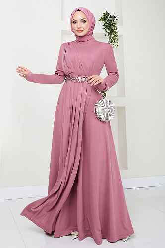 moda selvim Kemeri Taş İşlemeli Elbise 278DVL897-M Gül Kurusu - Thumbnail