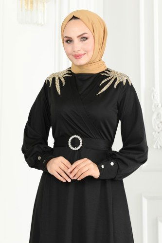 moda selvim Kemeri Taşlı Abiye Elbise 275DVL817 Siyah - Thumbnail