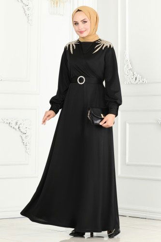 moda selvim Kemeri Taşlı Abiye Elbise 275DVL817 Siyah - Thumbnail