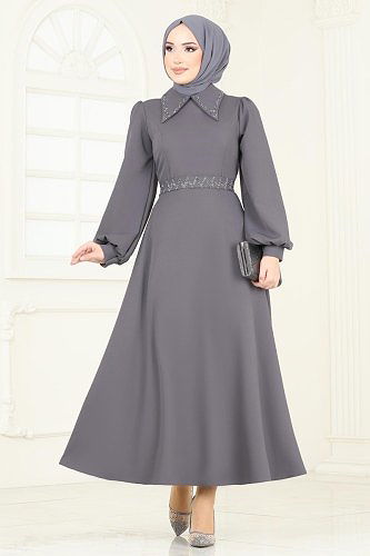 moda selvim Kemeri Taşlı Abiye Elbise 5604EDF311 Antrasit - Thumbnail