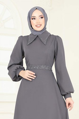 moda selvim Kemeri Taşlı Abiye Elbise 5604EDF311 Antrasit - Thumbnail