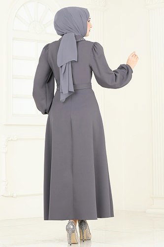 moda selvim Kemeri Taşlı Abiye Elbise 5604EDF311 Antrasit - Thumbnail