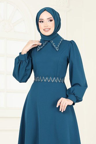 moda selvim Kemeri Taşlı Abiye Elbise 5604EDF311 Petrol - Thumbnail