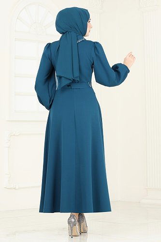 moda selvim Kemeri Taşlı Abiye Elbise 5604EDF311 Petrol - Thumbnail