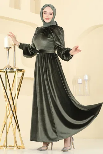 E.D.F. - Kemeri Taşlı Abiye Elbise 5708EDF311 Haki