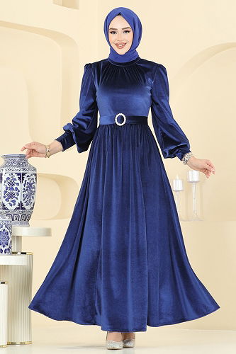 moda selvim Kemeri Taşlı Abiye Elbise 5708EDF311 Saks - Thumbnail