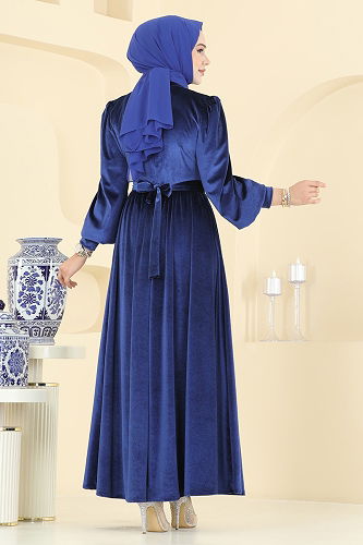 moda selvim Kemeri Taşlı Abiye Elbise 5708EDF311 Saks - Thumbnail