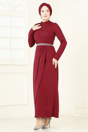 moda selvim Kemeri Taşlı Abiye Elbise 5729EDF311 Bordo - Thumbnail