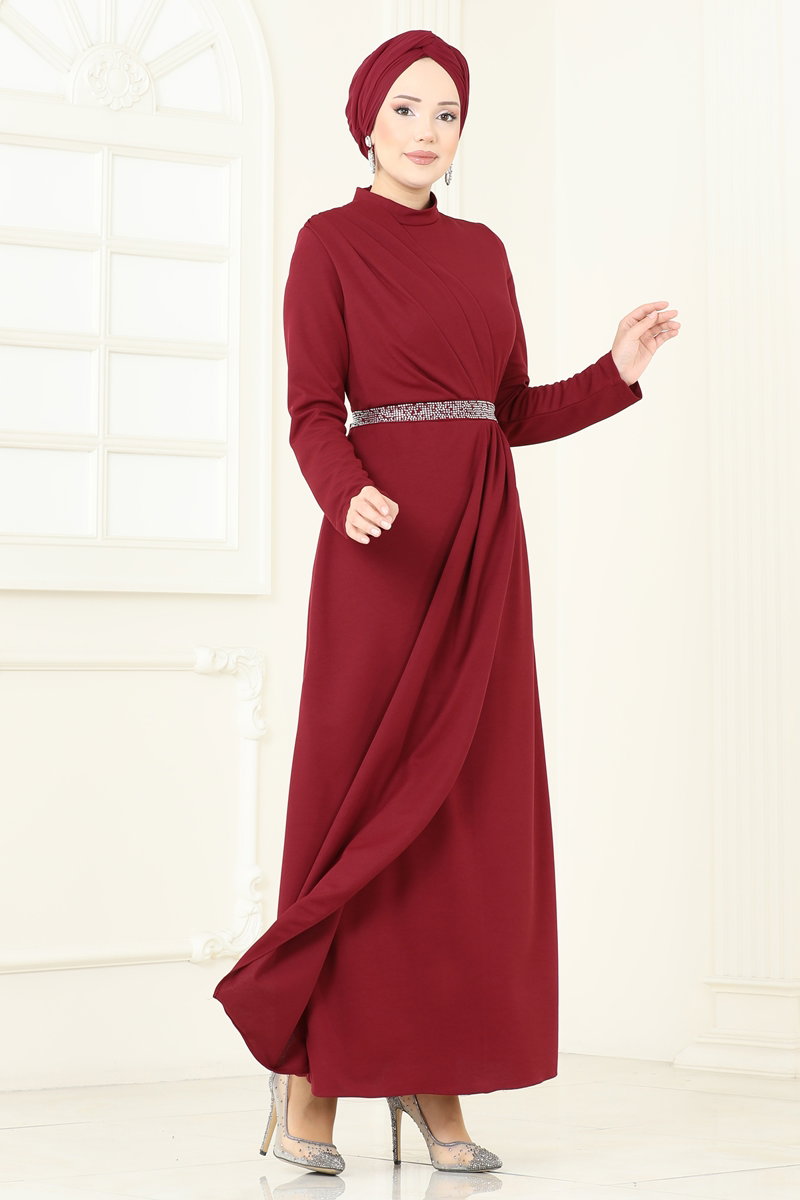 Kemeri Taşlı Abiye Elbise 5729EDF311 Bordo