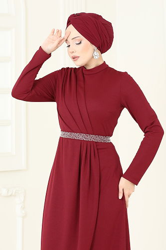 moda selvim Kemeri Taşlı Abiye Elbise 5729EDF311 Bordo - Thumbnail