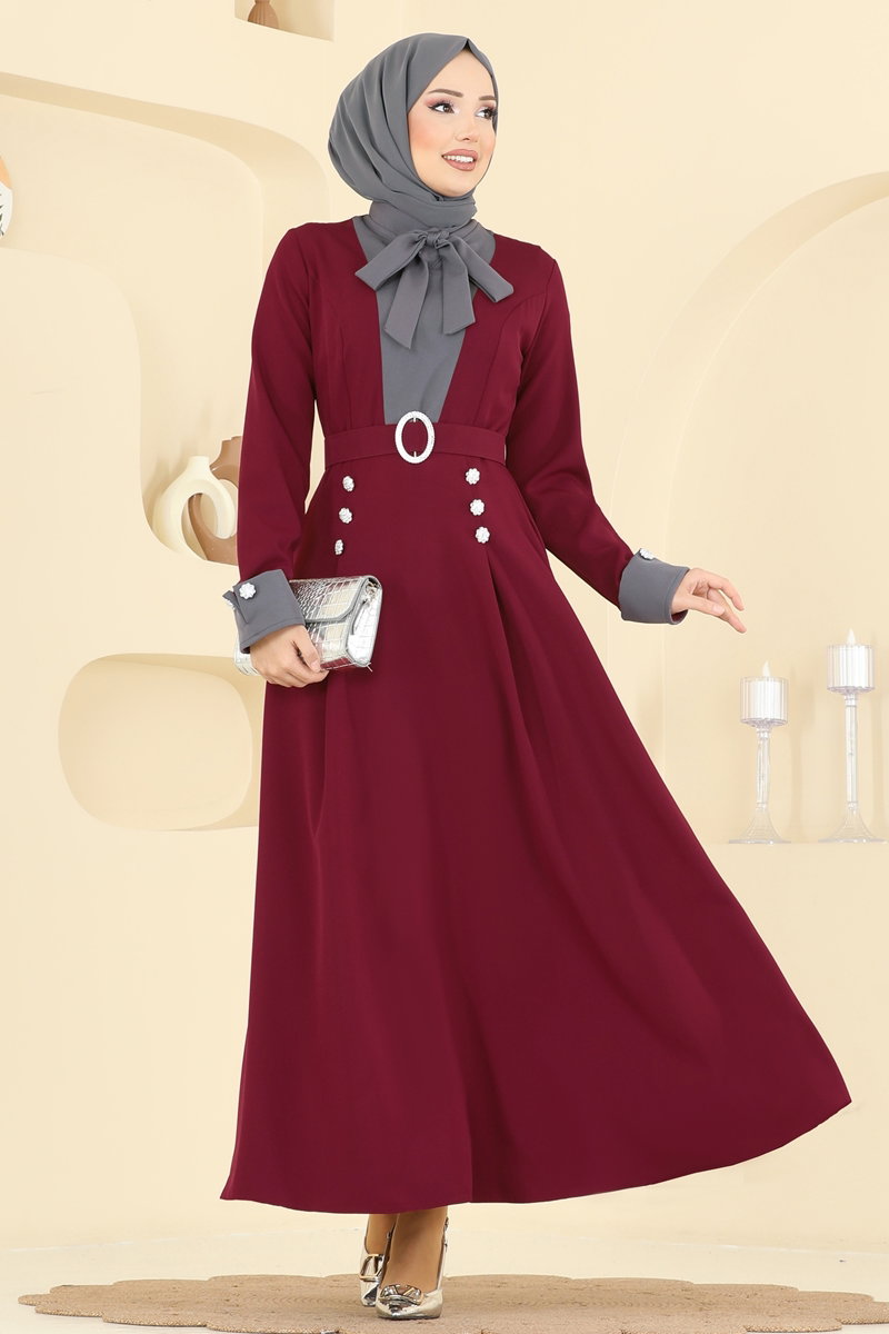 Kemeri Taşlı Dabıl Elbise 2774SL432 Antrasit&Bordo