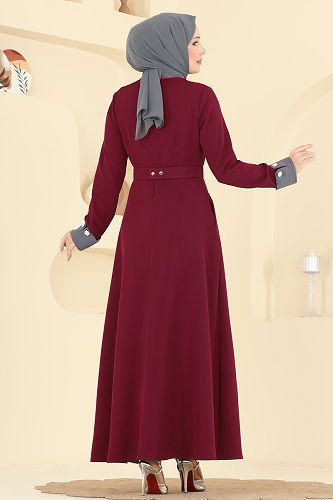 moda selvim Kemeri Taşlı Dabıl Elbise 2774SL432 Antrasit&Bordo - Thumbnail