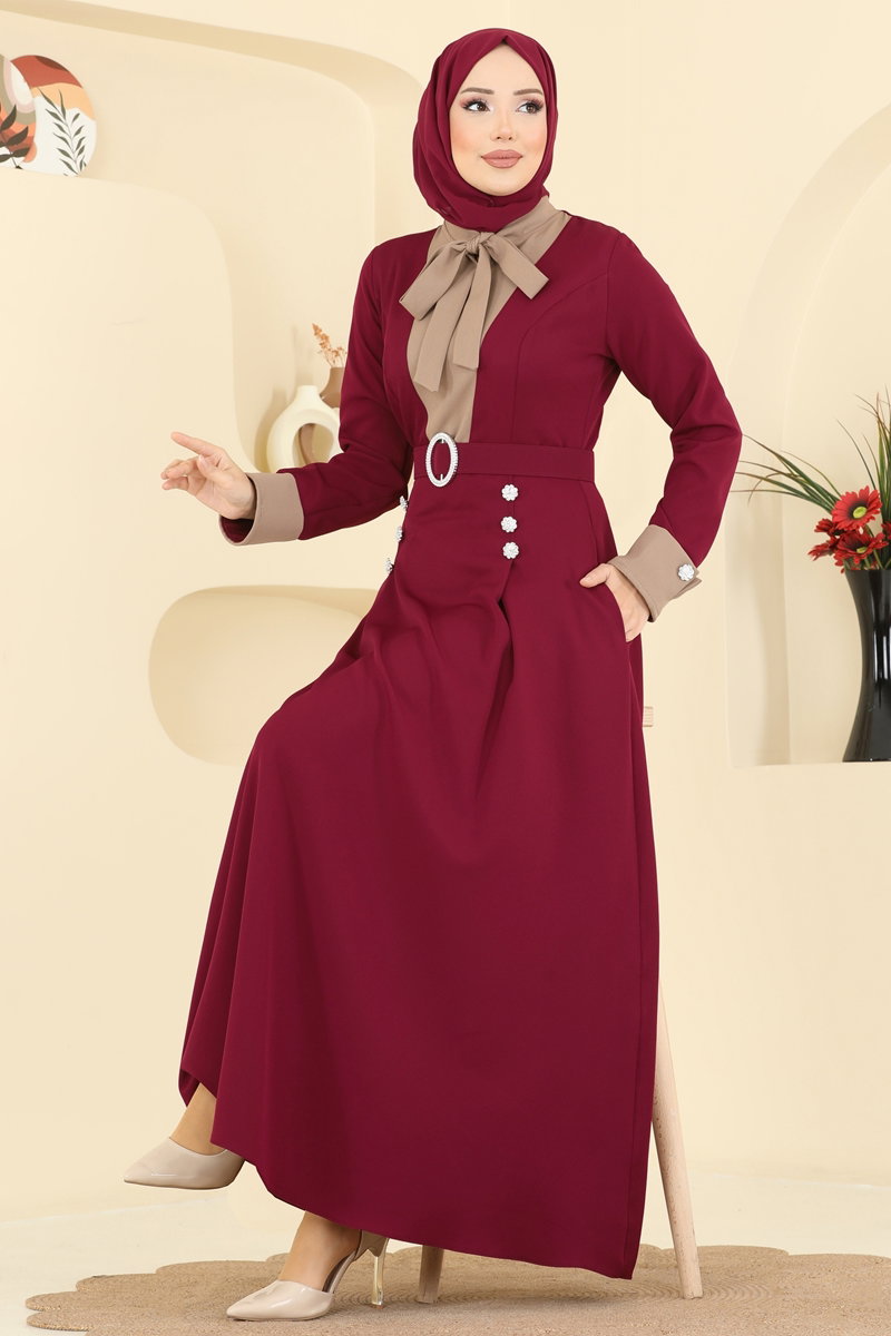 Kemeri Taşlı Dabıl Elbise 2774SL432 Bordo