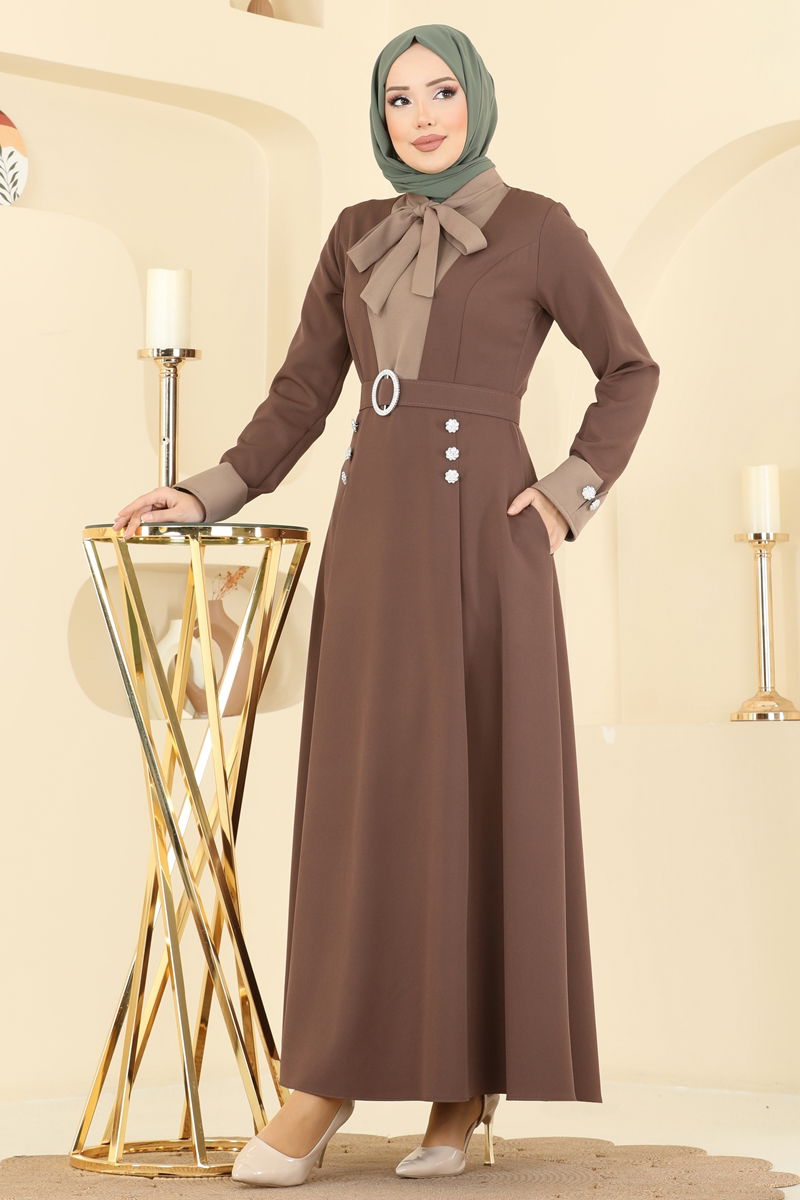 Kemeri Taşlı Dabıl Elbise 2774SL432 Kahve