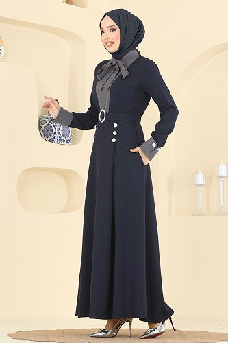 moda selvim Kemeri Taşlı Dabıl Elbise 2774SL432 Laci - Thumbnail