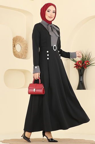 moda selvim Kemeri Taşlı Dabıl Elbise 2774SL432 Siyah - Thumbnail