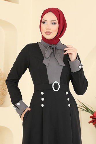 moda selvim Kemeri Taşlı Dabıl Elbise 2774SL432 Siyah - Thumbnail