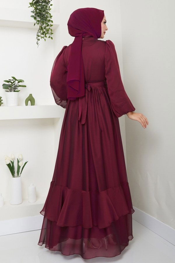 Kemeri Taşlı Janjan Abiye 5498AB368 Bordo - 6