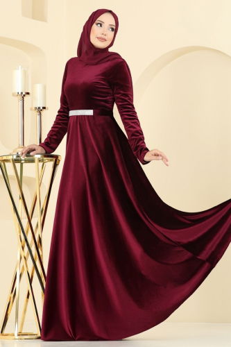 M.E.Y. - Kemeri Taşlı Kadife Abiye Elbise 2013MEY846 Bordo
