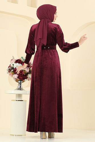 moda selvim Kemeri Taşlı Kadife Elbise 2414MEY846 Bordo - Thumbnail