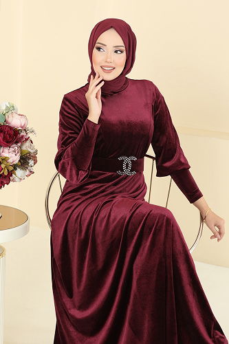 moda selvim Kemeri Taşlı Kadife Elbise 2414MEY846 Bordo - Thumbnail