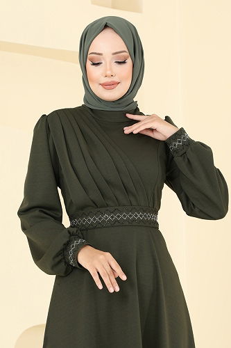 moda selvim Kemeri Taşlı Krep Elbise 23030UKB139 Haki - Thumbnail