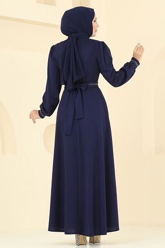 moda selvim Kemeri Taşlı Krep Elbise 23030UKB139 Laci - Thumbnail