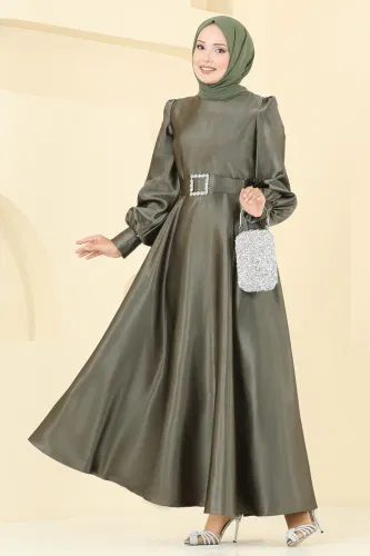 A.S.M. - Kemeri Taşlı Saten Abiye ASM2753 Haki