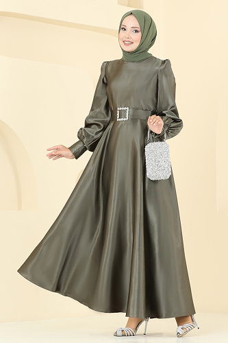 moda selvim Kemeri Taşlı Saten Abiye ASM2753 Haki - Thumbnail