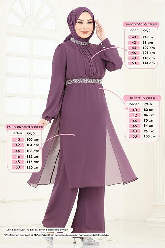 moda selvim Kemeri Taşlı Şifon Abiye Takım 4272AB368 Koyu Lila - Thumbnail