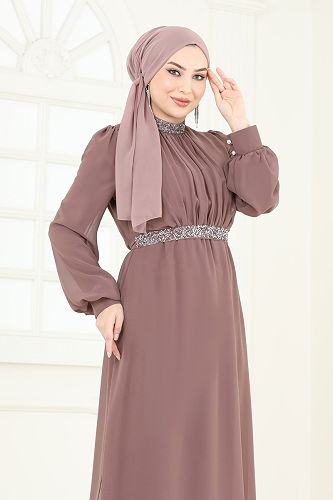 moda selvim Kemeri Taşlı Şifon Abiye Takım 4272AB368 Pudra Vizyon - Thumbnail