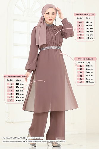 moda selvim Kemeri Taşlı Şifon Abiye Takım 4272AB368 Pudra Vizyon - Thumbnail