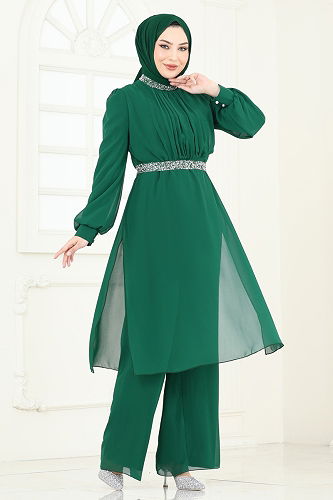 moda selvim Kemeri Taşlı Şifon Abiye Takım 4272AB368 Zümrüt - Thumbnail