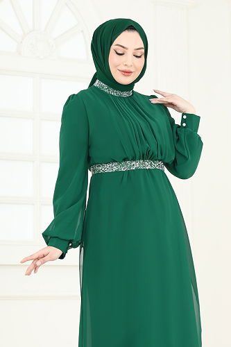 moda selvim Kemeri Taşlı Şifon Abiye Takım 4272AB368 Zümrüt - Thumbnail