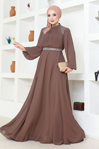 moda selvim Kemeri Taşlı Tesettür Abiye ALM52879-M Koyu Vizyon - Thumbnail