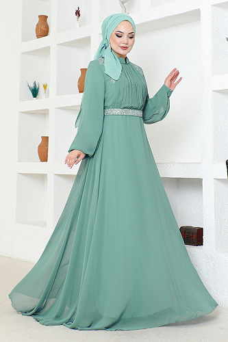 moda selvim Kemeri Taşlı Tesettür Abiye ALM52879-M Mint - Thumbnail