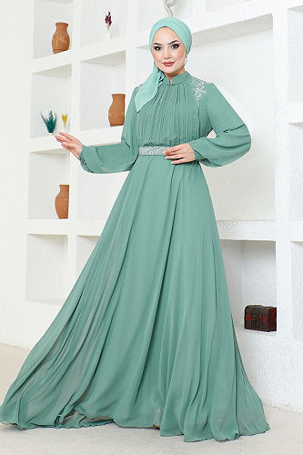 moda selvim Kemeri Taşlı Tesettür Abiye ALM52879-M Mint - Thumbnail