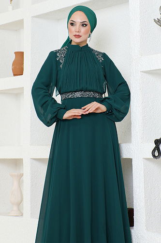 moda selvim Kemeri Taşlı Tesettür Abiye ALM52879-M Petrol - Thumbnail