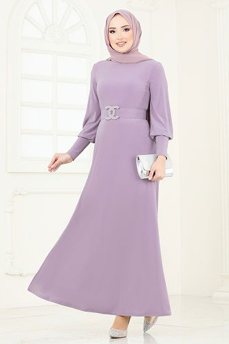 moda selvim Kemeri Taşlı Tesettür Elbise 2575MEY846 Açık Lila - Thumbnail