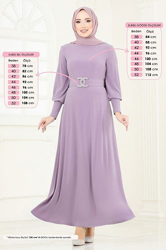 moda selvim Kemeri Taşlı Tesettür Elbise 2575MEY846 Açık Lila - Thumbnail