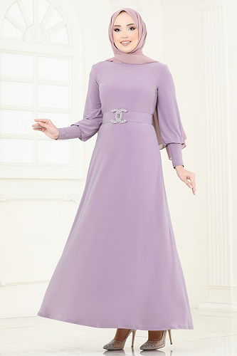 moda selvim Kemeri Taşlı Tesettür Elbise 2575MEY846 Açık Lila - Thumbnail