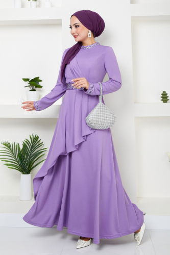 MRV D.V.L. - Kemeri Taşlı Tesettür Elbise 268DVL897-M Lila