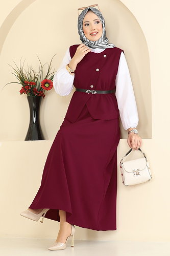 moda selvim Kemeri Tokalı Etekli Takım 840MP806 Koyu Bordo - Thumbnail