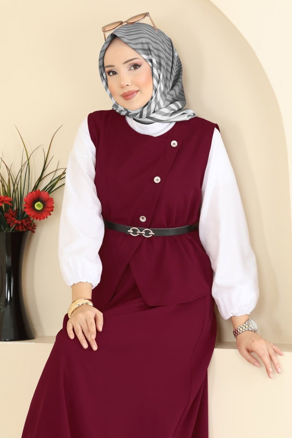 Modaselvim Kombin Kemeri Tokalı Etekli Takım 840MP806 Koyu Bordo