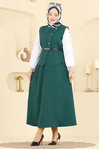 moda selvim Kemeri Tokalı Etekli Takım 840MP806 Zümrüt - Thumbnail
