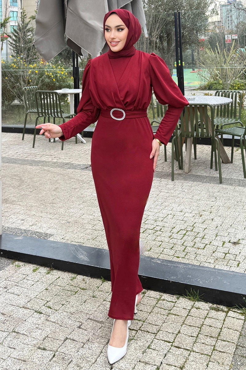 Kemeri Tokalı Krep Elbise 0414ALGK1170 Bordo