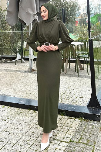 moda selvim Kemeri Tokalı Krep Elbise 0414ALGK1170 Haki - Thumbnail